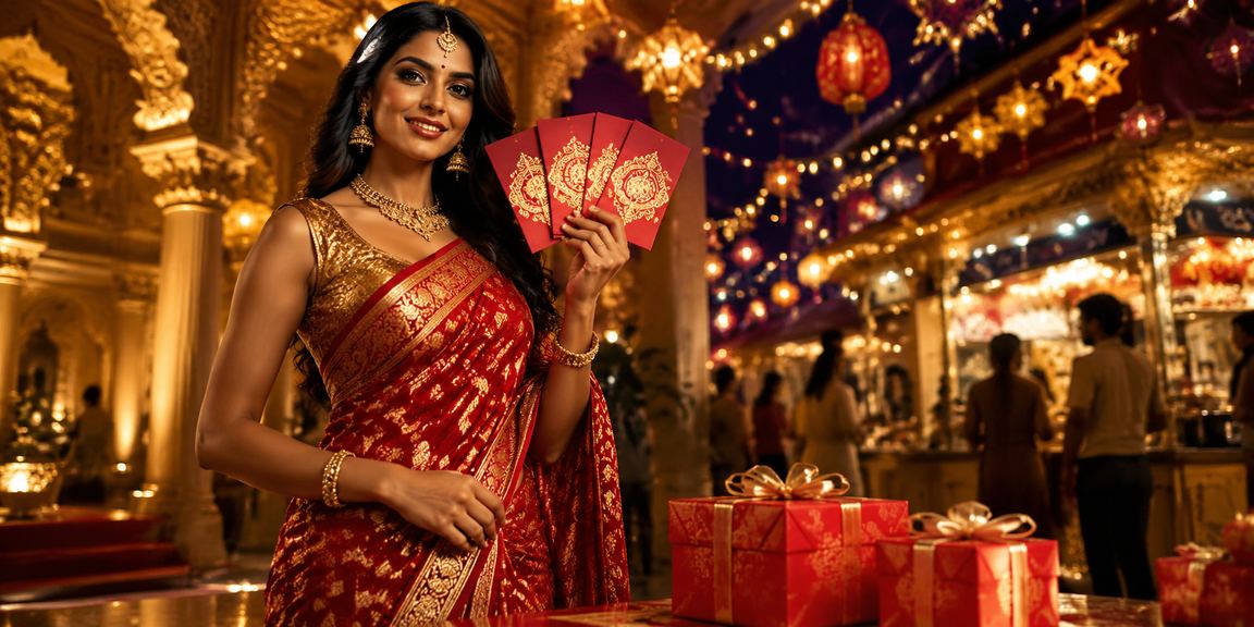Indian woman celebrating winnings with red envelope bonus